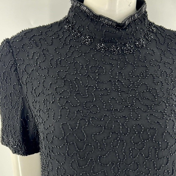 VTG J Kara Dress Size M Black Silk Allover Beaded High Neck Evening Cocktail - Picture 2 of 6